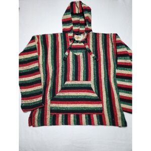 Earth Ragz Mexican Baja Striped Drug Rug Pullover Poncho Hoodie Green, Red Sz XL